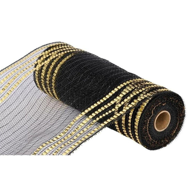10" Metallic Foil Border Mesh Ribbon: Black/Gold (10 Yards)