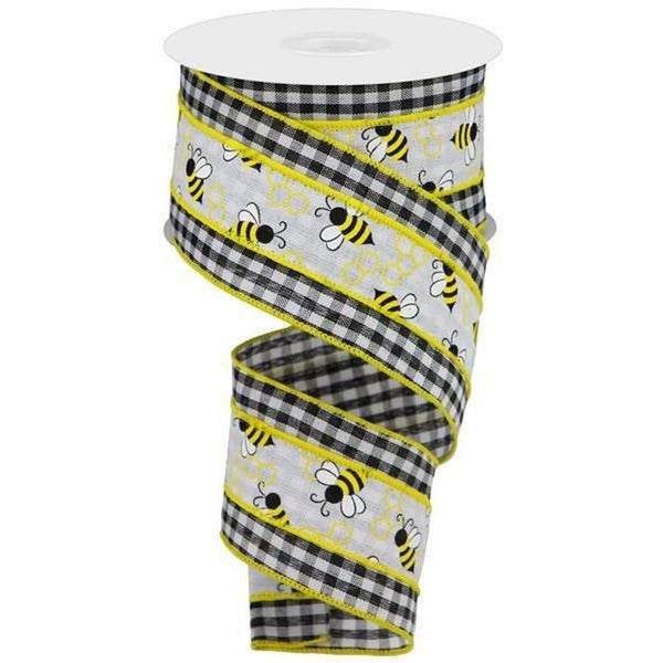 2.5" Bumblebees on Check Ribbon: Black & White (10 Yards)