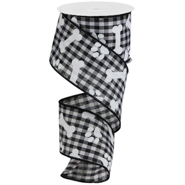 2.5" Paw Print Bone Check Ribbon: Black/White (10 Yards)
