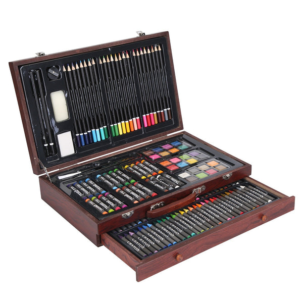 140PCS Art Supplies Kit Wooden Box Pencils Crayons Paint Set