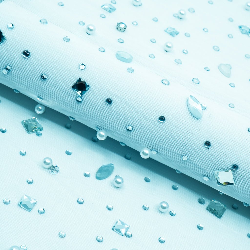 Brilliance Beaded with Rhinestone Stretch Mesh Fabric | Blue Moon Fabrics