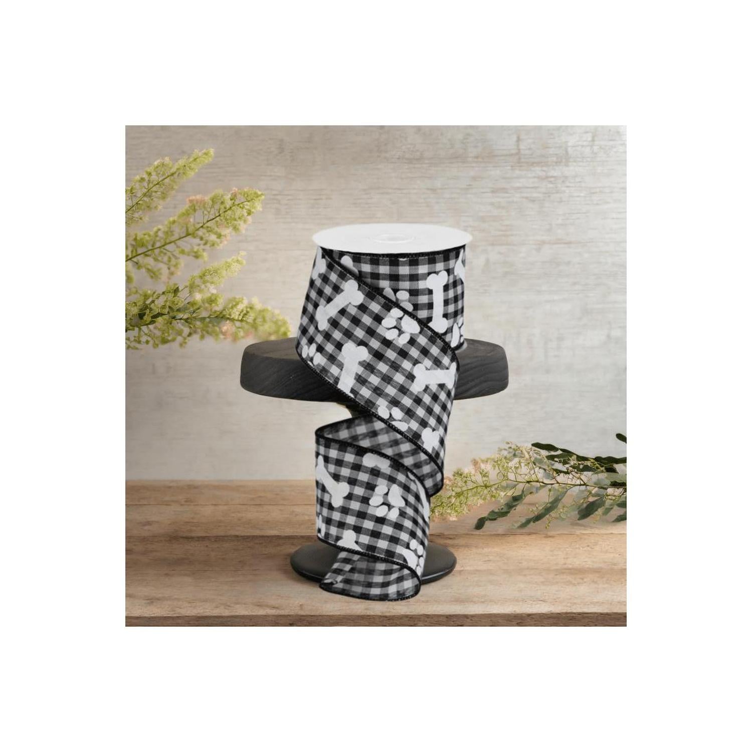 2.5" Paw Print Bone Check Ribbon: Black/White (10 Yards)